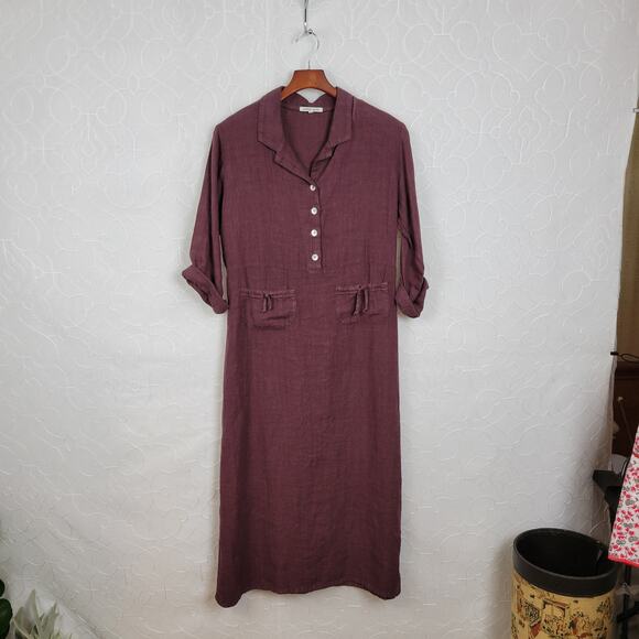 VTG Subtle Tones Linen Shirt Dress Womens S/M Purple Button Front Lagenlook Maxi - Picture 11 of 14